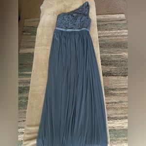 Steel blue one shoulder flow length gown